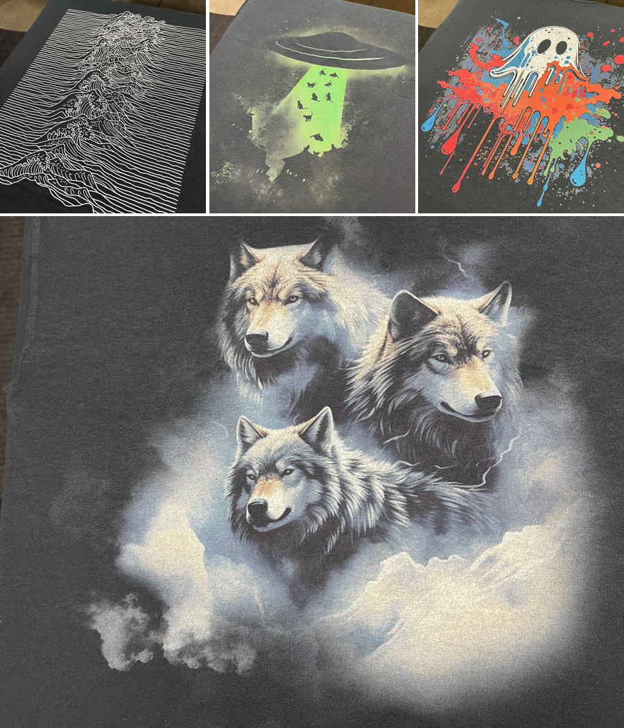 Fine lines, fades, splatter and smoke effects printed with DTG