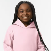 Model wearing Gildan 18500B Youth Heavy Blend Hoodie