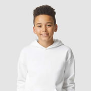 Model wearing Gildan SF500B Youth Softstyle Midweight Hoodie
