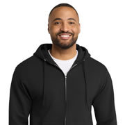 Model wearing Port & Company PC90ZH Essential Fleece Full-Zip Hoodie