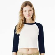 Model wearing Bella Canvas 1200 Ladies Micro Rib Three-Quarter Raglan Sleeve Baby Tee