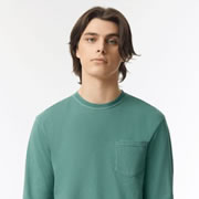 Model wearing Comfort Colors 4410 Garment-Dyed Heavyweight Long Sleeve Pocket T-Shirt