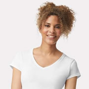 Model wearing Gildan 64V00L Women's Softstyle V-Neck T-Shirt