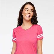 Model wearing LAT 3537 Ladies Football V-Neck Tee