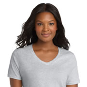 Model wearing Port & Company LPC54V Women's Core Cotton V-Neck Tee