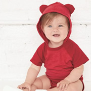 Model wearing Rabbit Skins 4417 Baby Snapsuit with Hood and Ears