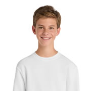 Model wearing Port & Company PC90Y Youth Core Fleece Crewneck Sweatshirt